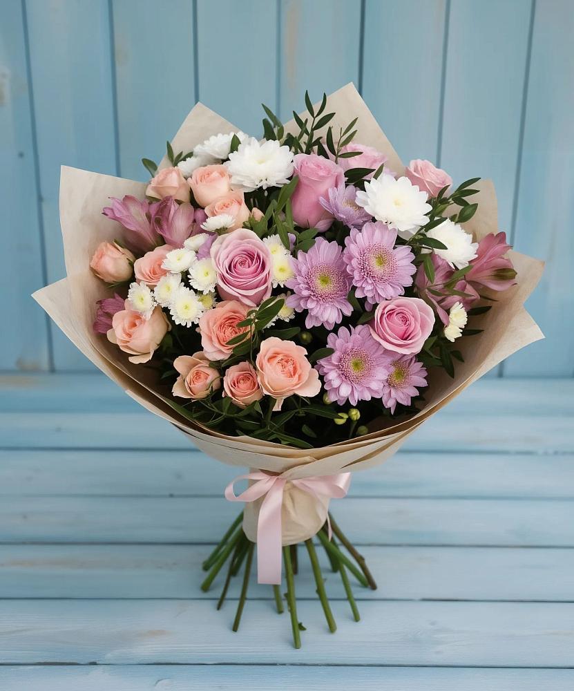 Букет цветов из: Хризантемы, Розы и Альстромерии в Рождественском