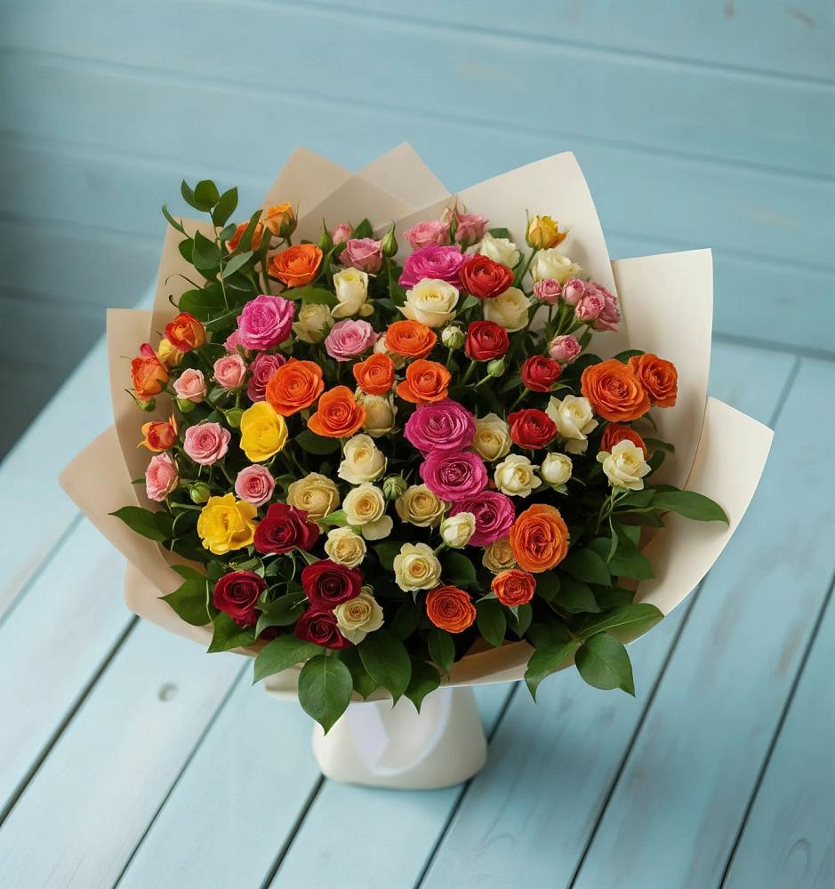 Букет Микс из разноцветных кустовых роз в Рождественском