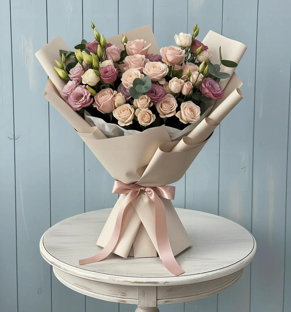 Букет цветов из: Розы и Лизиантусы в Рождественском