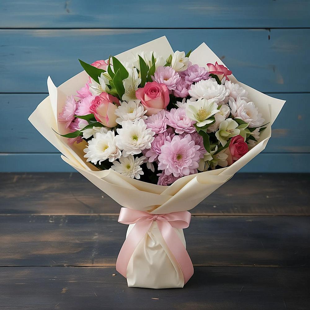 Букет цветов из: Хризантемы, Альстромерии и Розы в Рождественском